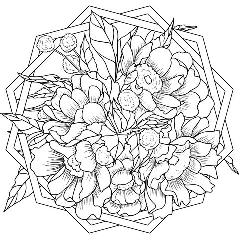 Floral Coloring Page: Colorful Flowers with Geometric Borders