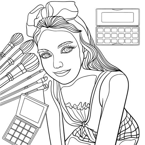 Beauty - themed Coloring Page: Stylish Girl and Makeup Tools