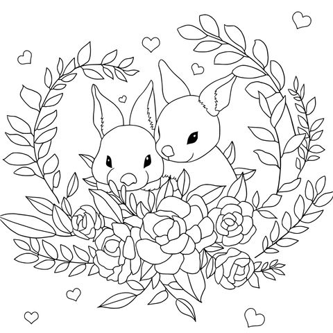 Página para colorir de coelhos adoráveis e flores