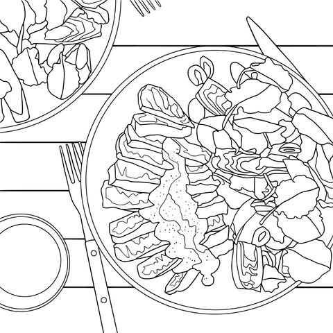 美食填色页：诱人的餐食插画