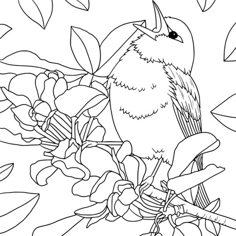 Coloring Page of a Yellow Bird and Pink Flowers