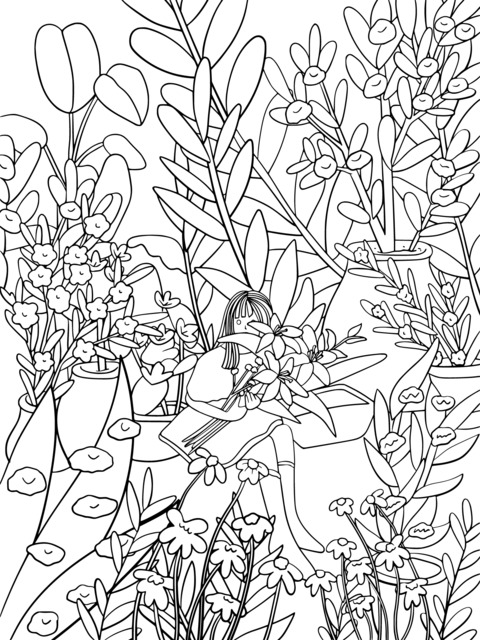 Coloring Page of a Girl in a Flower - filled Area