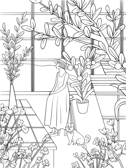 Coloring Page of a Girl and Her Pet Dog in a Sunny Greenhouse