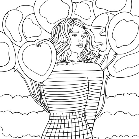 Página de Colorear de una Chica Fashion con Globos