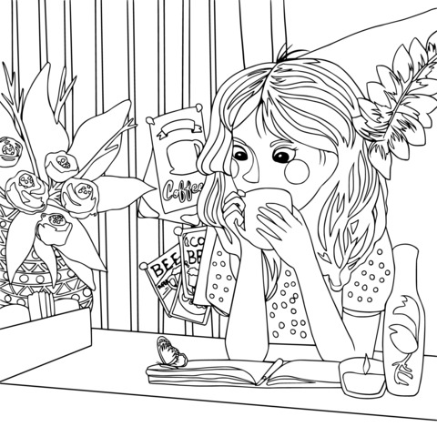 Coloring Page of a Girl Enjoying Coffee and Reading Leisurely