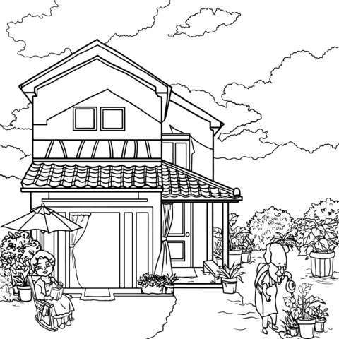 Cozy Courtyard House Coloring Page