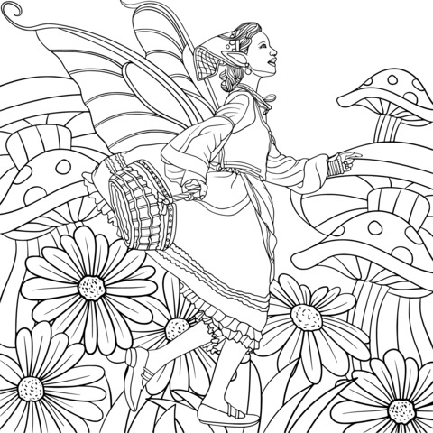 Coloring Page of a Fairy in a Magical Garden