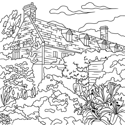 Rural Cottage Landscape Coloring Page