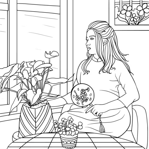 Coloring Page of a Woman in Chinese - style Attire Admiring Flowers