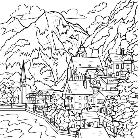 Autumn Lakeside Town Landscape Coloring Page