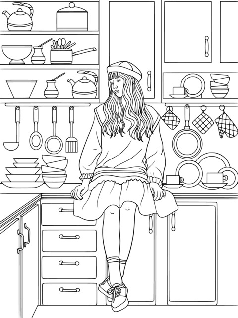 Coloring Page of a Girl Sitting in the Kitchen