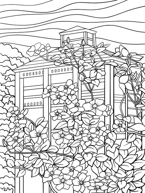 Coloring Page of a Cottage Surrounded by Flowers