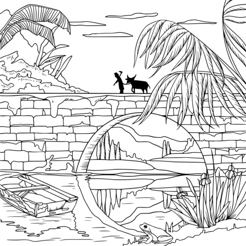 Rural Scenery Coloring Page: Stone Bridge, Boat and Animals