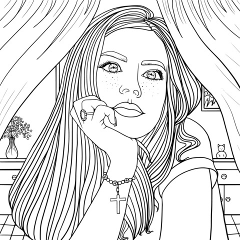 Coloring Page of a Beautiful Woman with Blue Hair