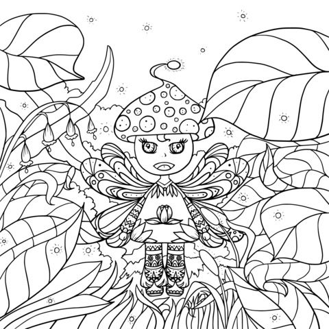 Mushroom Pixie in the Enchanted Forest Coloring Page