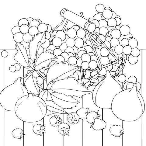 Página para colorear de canasta de frutas: uvas, higos y frambuesas