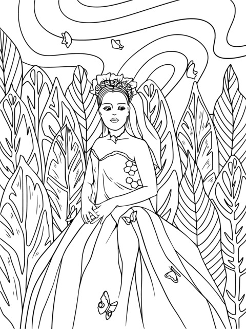 Página para colorear de una princesa en un bosque soñador