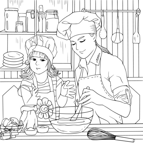 Parent - Child Kitchen Cooking Coloring Page