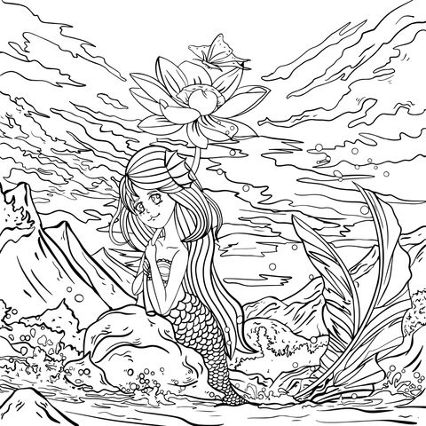 Mermaid - themed Coloring Page: Dreamy Underwater World and Beautiful Mermaid