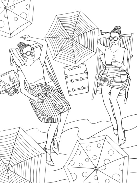 Fashionable Women Enjoying Beach Time Coloring Page