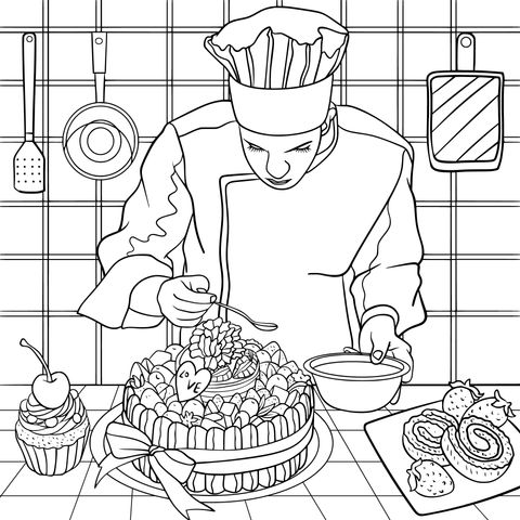 Coloring Page of a Chef Decorating a Cake