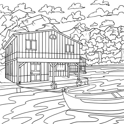 Lakeside Cabin and Boat Coloring Page