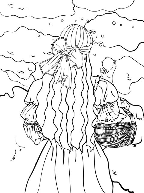 Coloring Page of a Long - Haired Girl under the Dreamy Night Sky