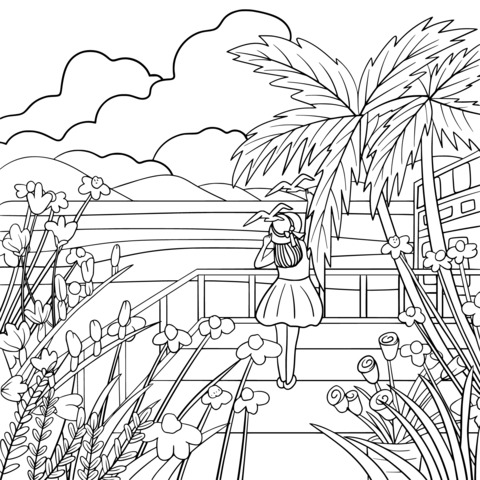 Seaside Scenery Coloring Page: Girl Enjoying the View