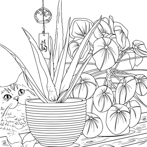 猫と緑の植物の塗り絵ページ