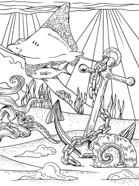 Coloring Page of Marine Creatures and an Anchor