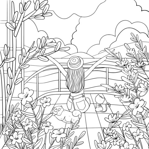 Coloring Page: A Girl and Her Pets Enjoying a Cozy Time on the Deck