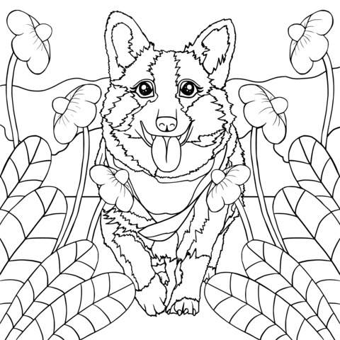 Cute Dog in a Flower - filled Scene Coloring Page