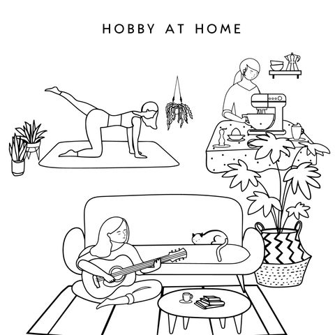 Ilustração de Hobbies em Casa: Yoga, Cozinha e Música