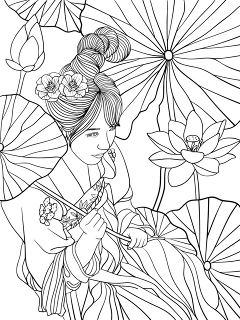 Coloring Page of an Ancient - style Woman and Lotus Flowers