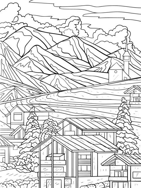 Beautiful Mountain Village Landscape Coloring Page