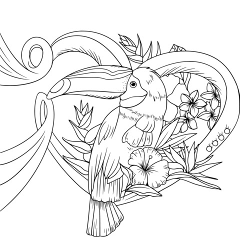 Toucan and Heart - Shaped Floral Coloring Page