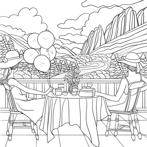 Coloring Page of Women Enjoying an Outdoor Picnic