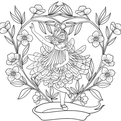 Coloring Page of a Girl Dancing Among Flowers