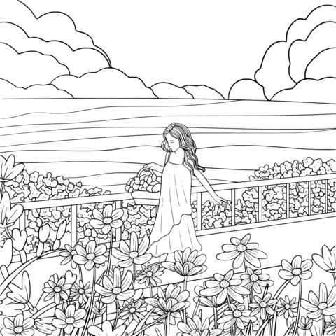 Coloring Page of a Girl Strolling by the Seaside