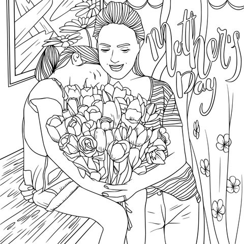 Mother - daughter Hugging Coloring Page for Mother's Day