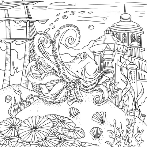 Underwater Octopus, Ancient Ship and Castle Coloring Page