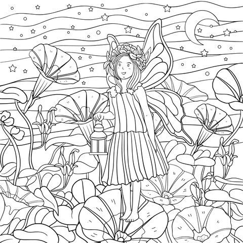 Dreamy Fairy in Flowers Coloring Page