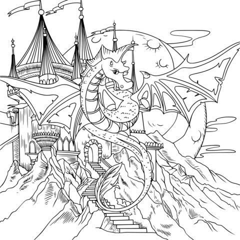 Fantasy Castle and Flying Dragon Coloring Page