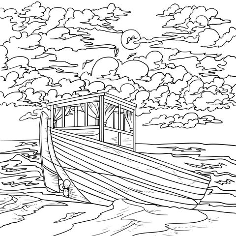 Coloring Page of a Seaside Boat and Dreamy Sky