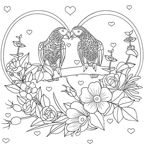 Lovebird and Flower Coloring Page