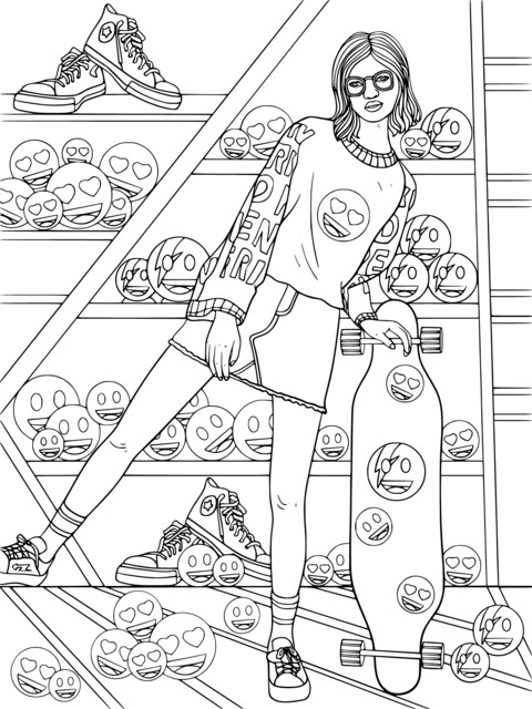 Trendy Girl and Skateboard Coloring Page