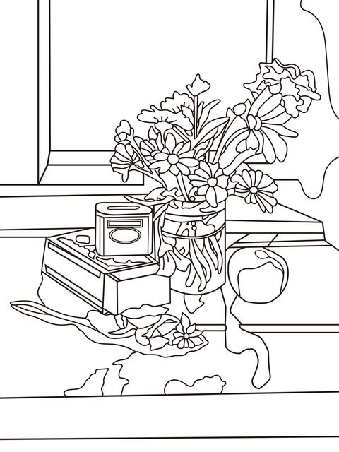 Still - life Coloring Page with Vase of Flowers by the Window