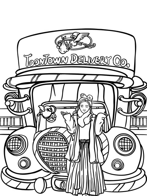 Coloring Page of a Person Standing beside a Cartoon Delivery Truck