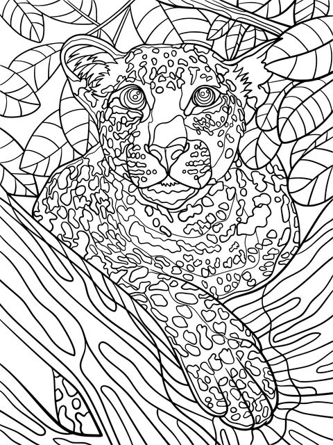 Página de colorear de un leopardo en un árbol