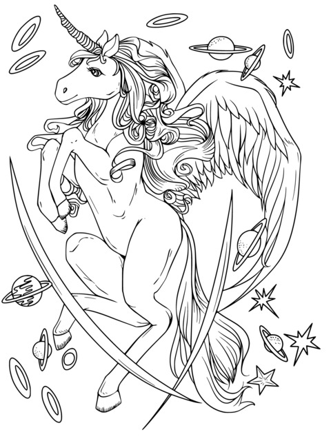 Fantasy Unicorn in Space Coloring Page